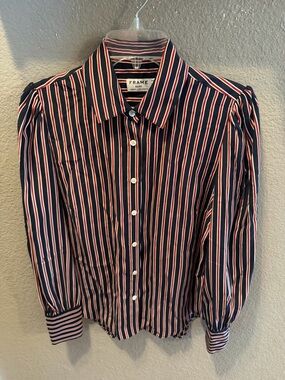 FRAME silk Striped Button-Up Blouse in Navy White & Red classic collared size S